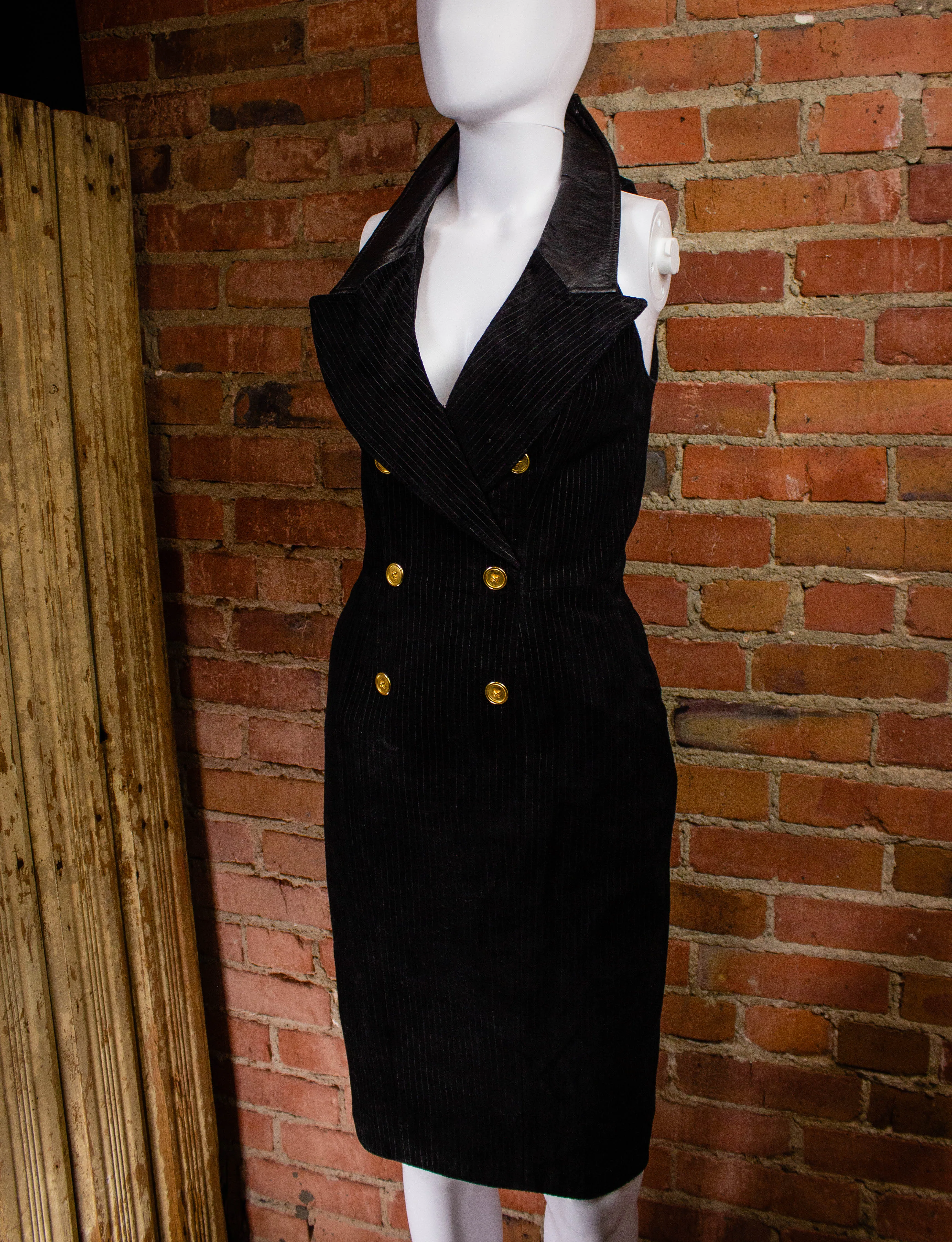 Vintage North Beach Leather Black Suede Pinstripe Halter Dress 80s XS