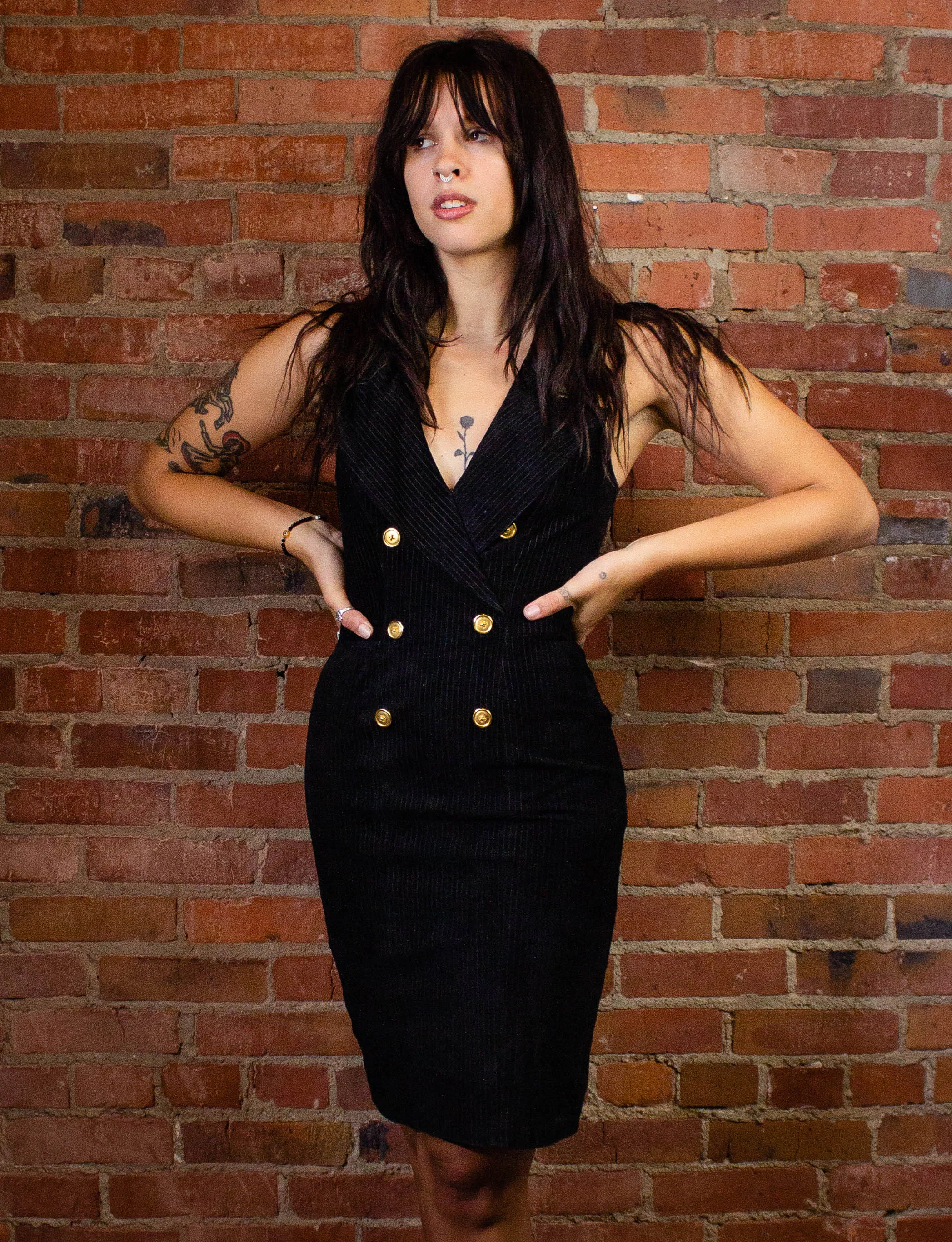 Vintage North Beach Leather Black Suede Pinstripe Halter Dress 80s XS