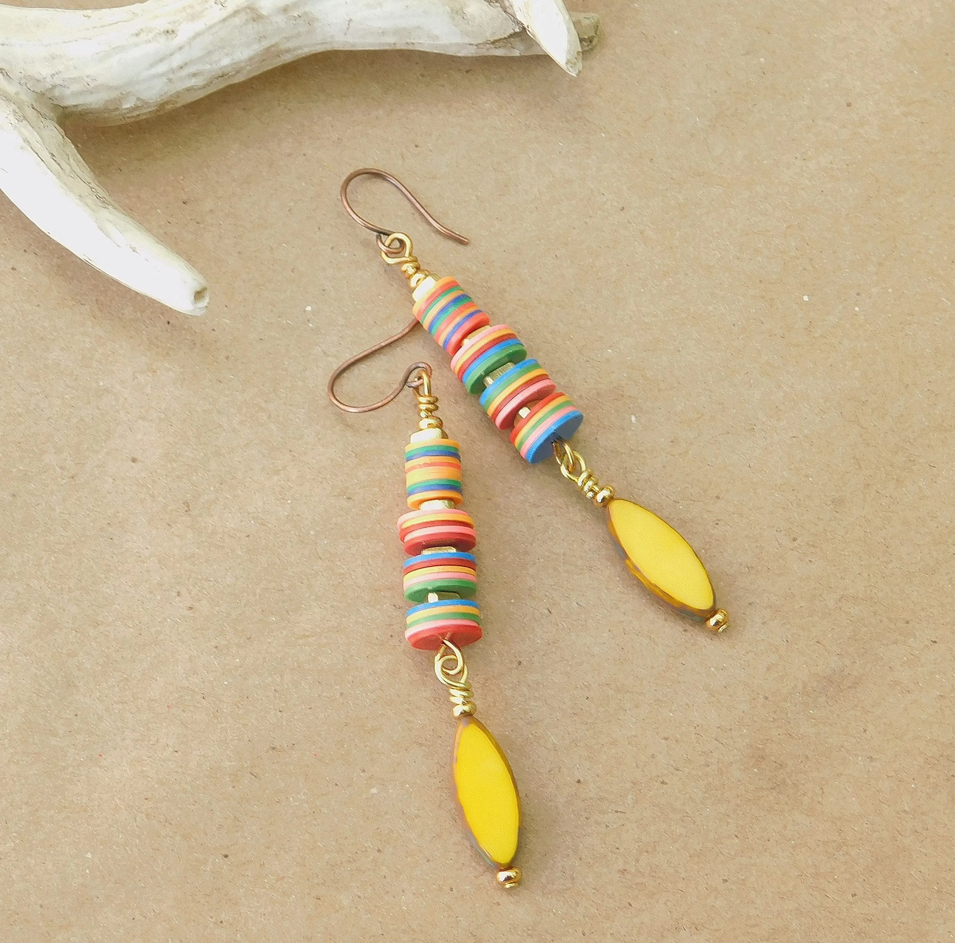 Yellow Czech and Colorful Vinyl Disc Earrings