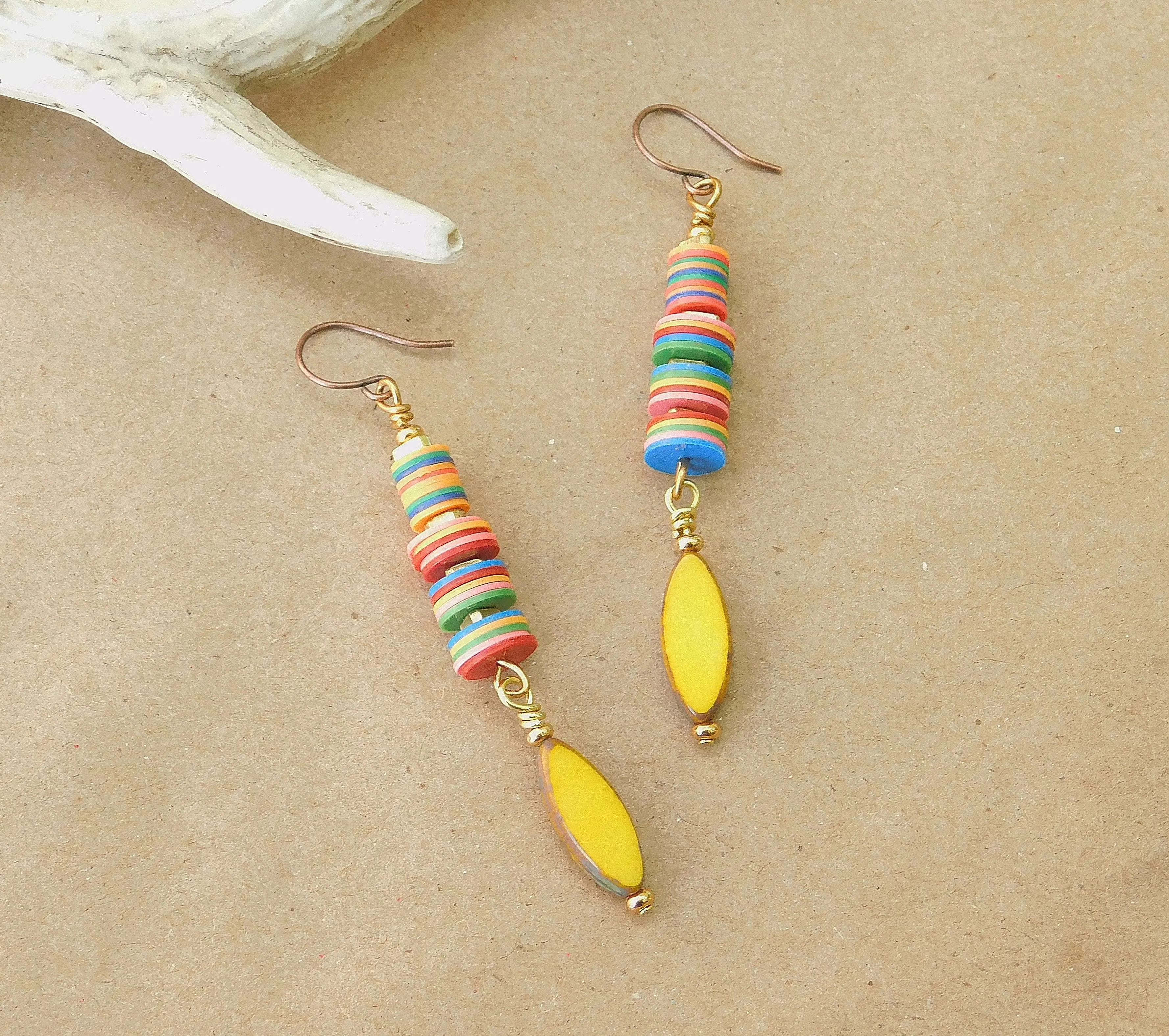 Yellow Czech and Colorful Vinyl Disc Earrings