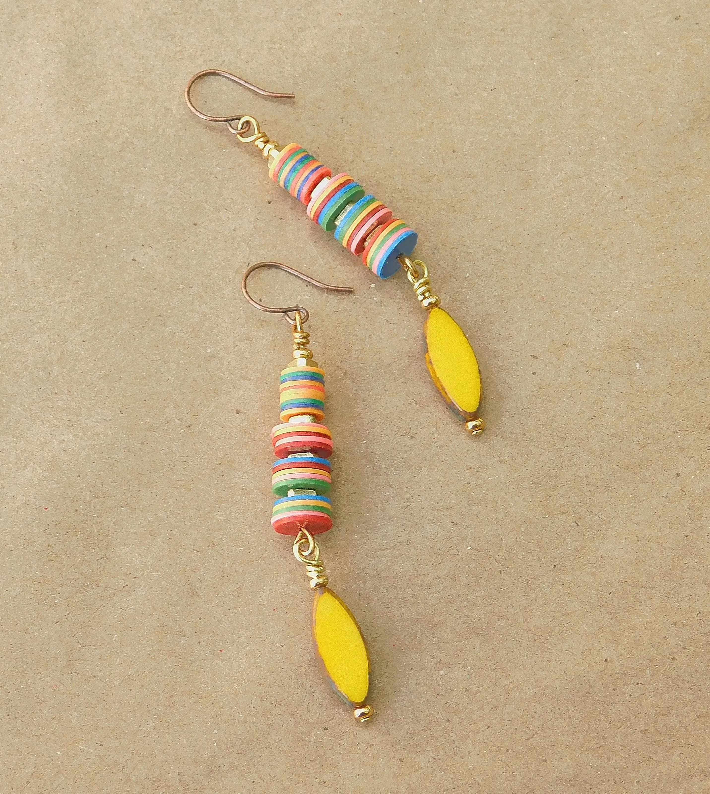 Yellow Czech and Colorful Vinyl Disc Earrings