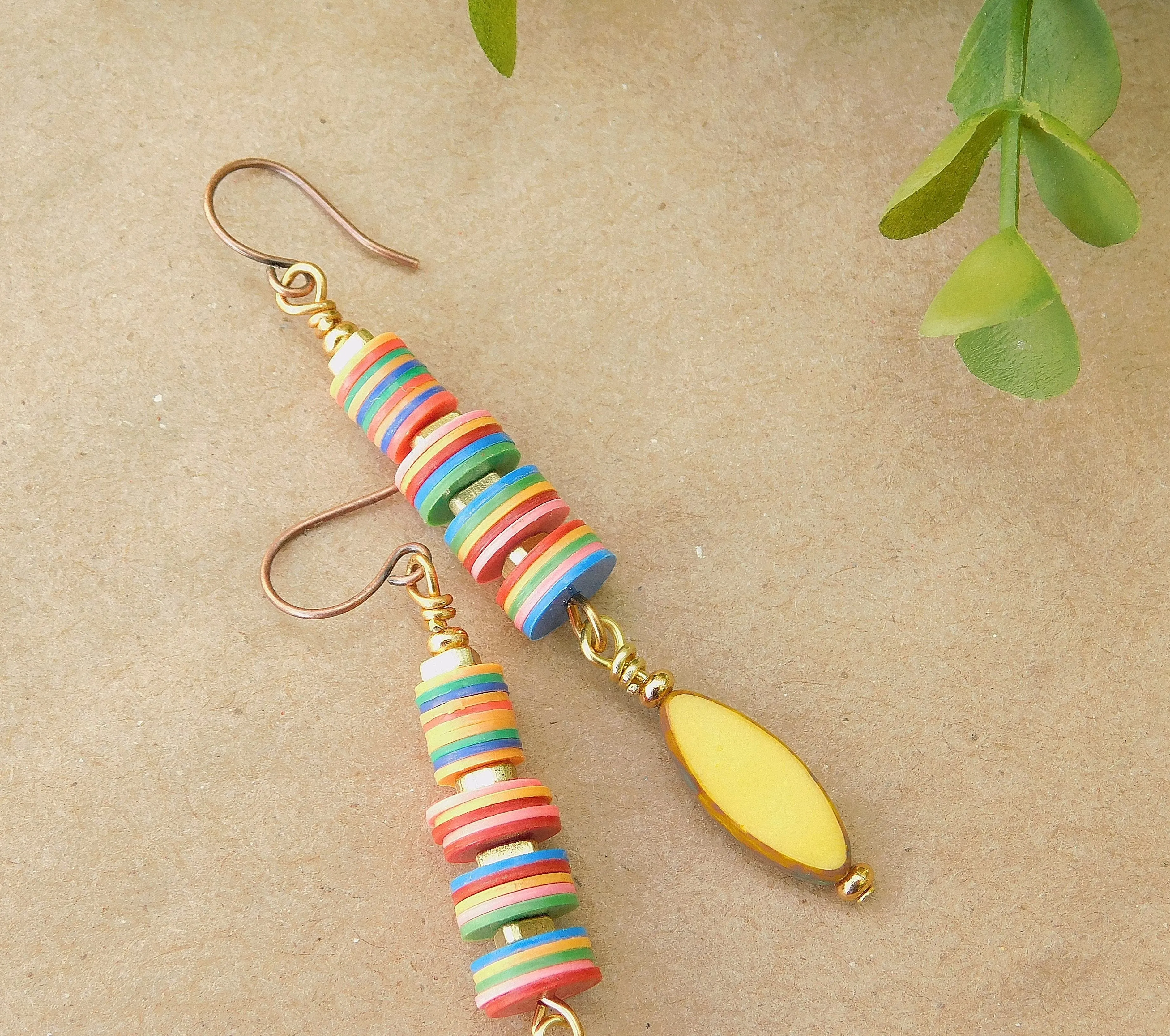 Yellow Czech and Colorful Vinyl Disc Earrings