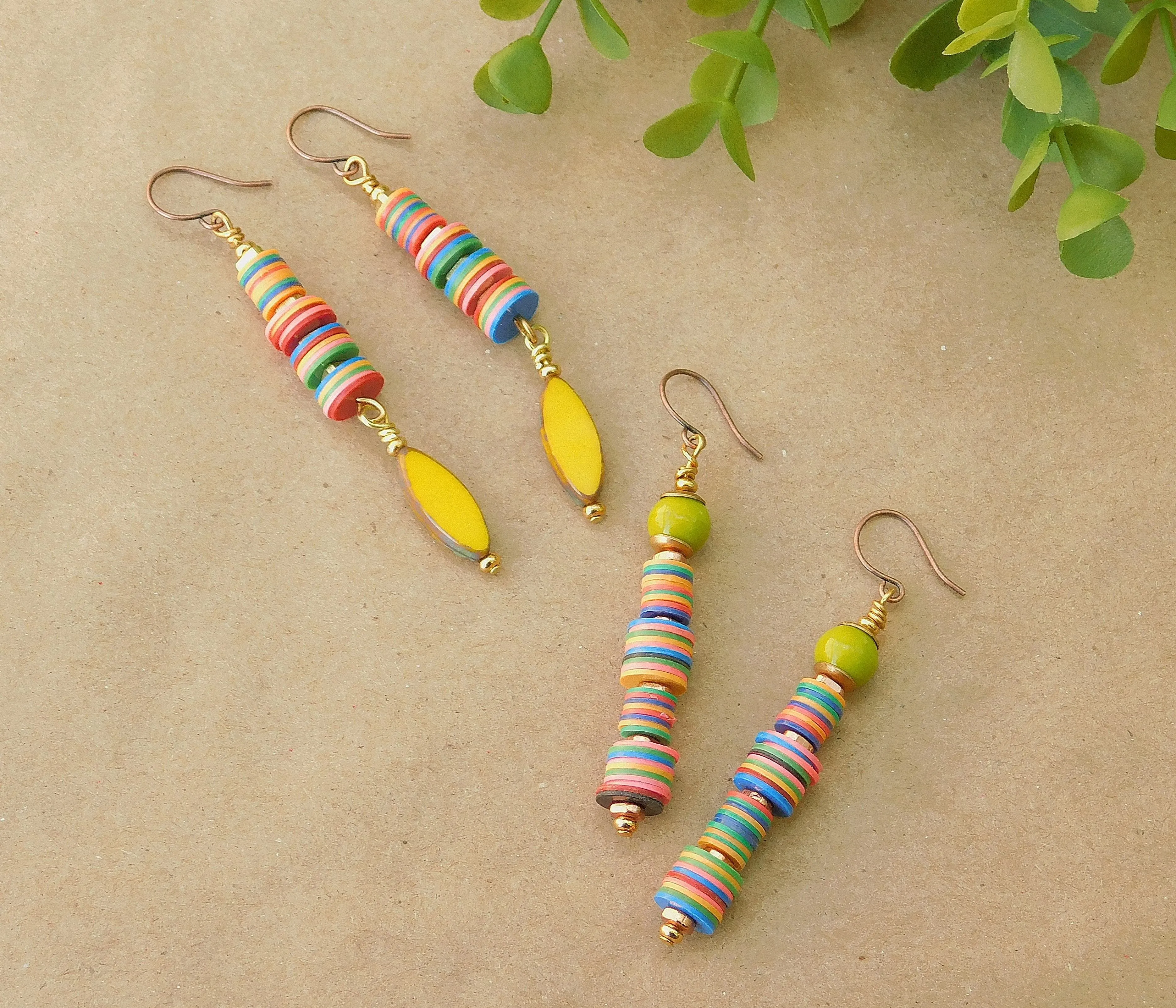 Yellow Czech and Colorful Vinyl Disc Earrings