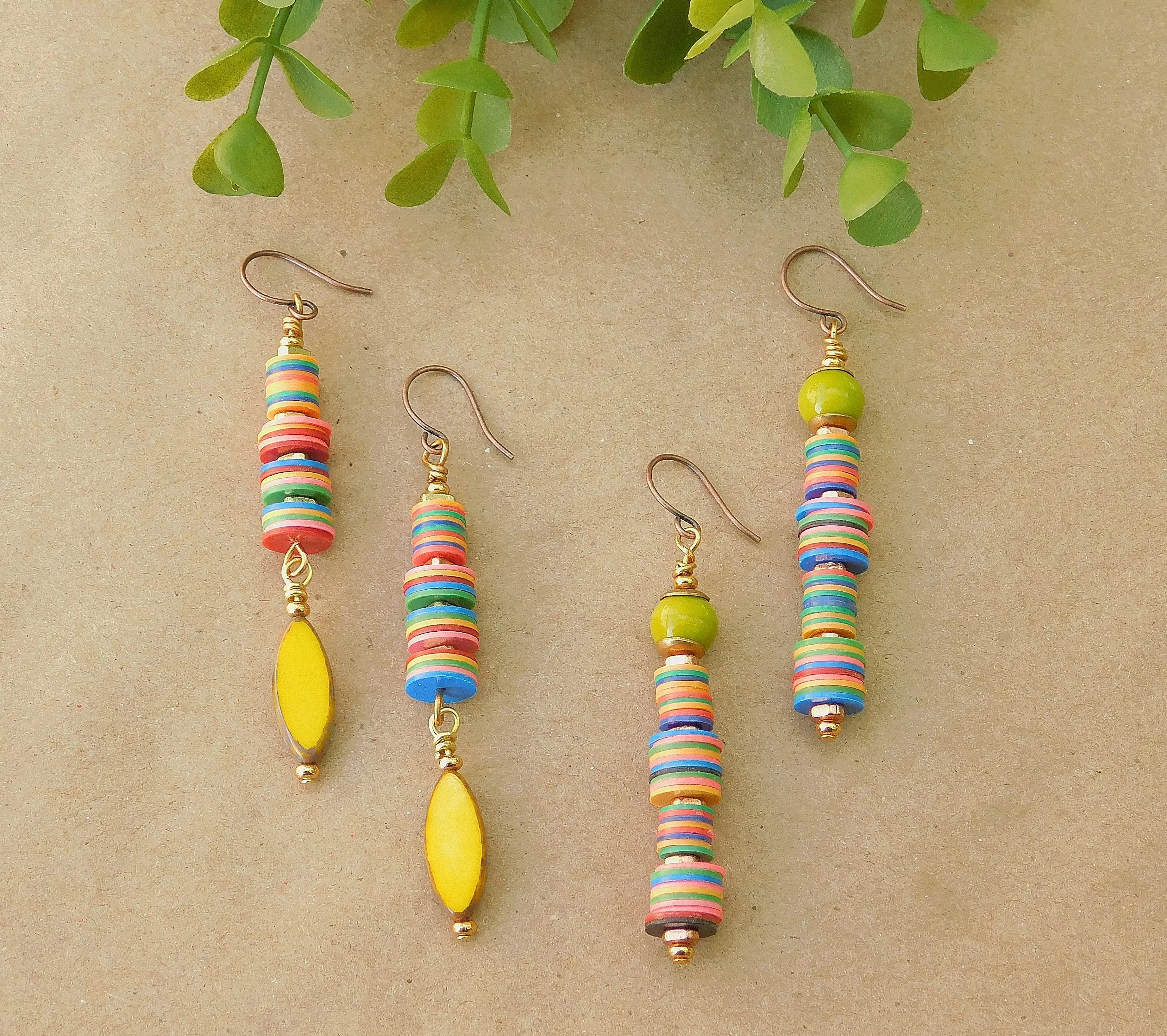 Yellow Czech and Colorful Vinyl Disc Earrings