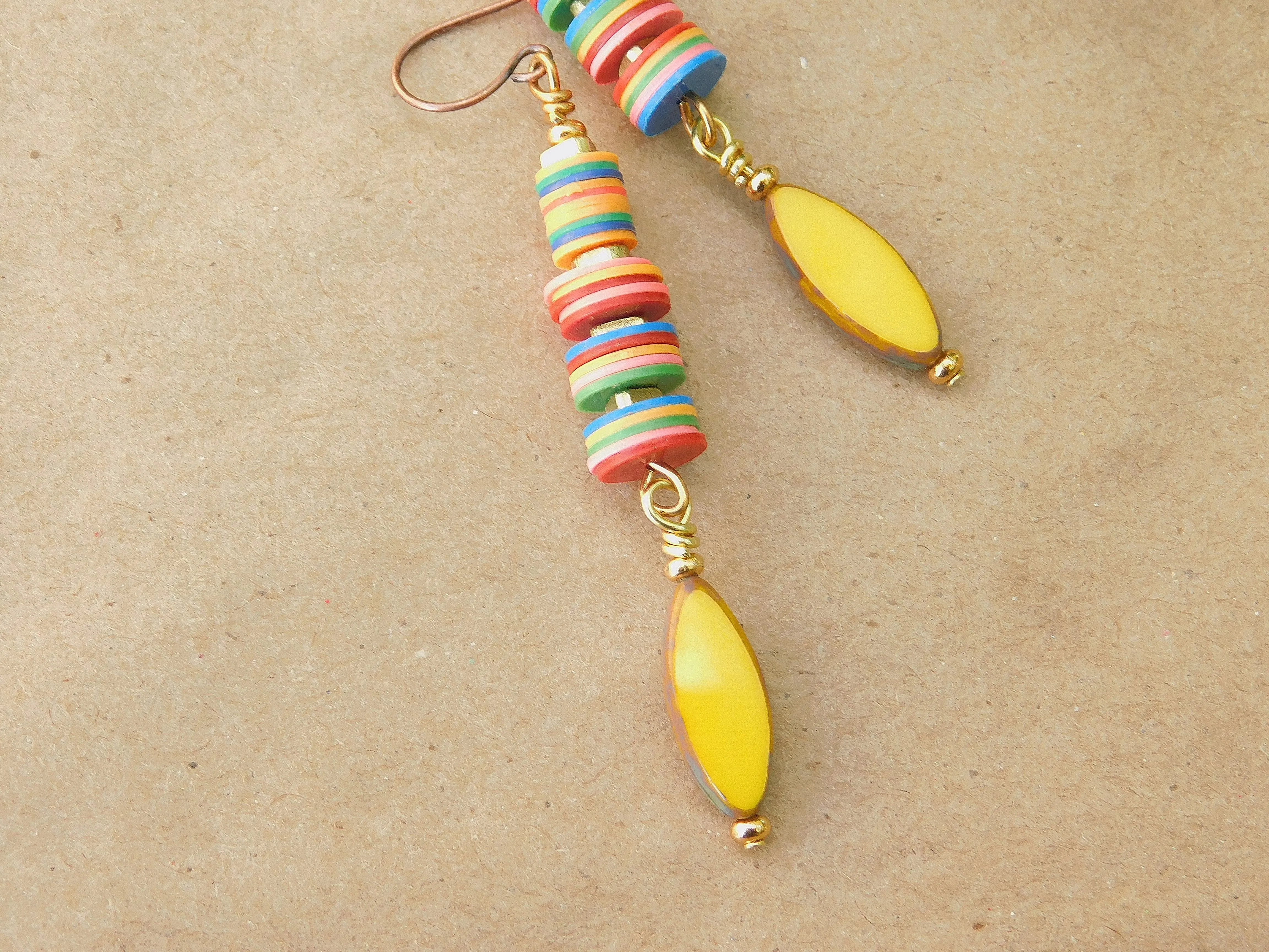 Yellow Czech and Colorful Vinyl Disc Earrings