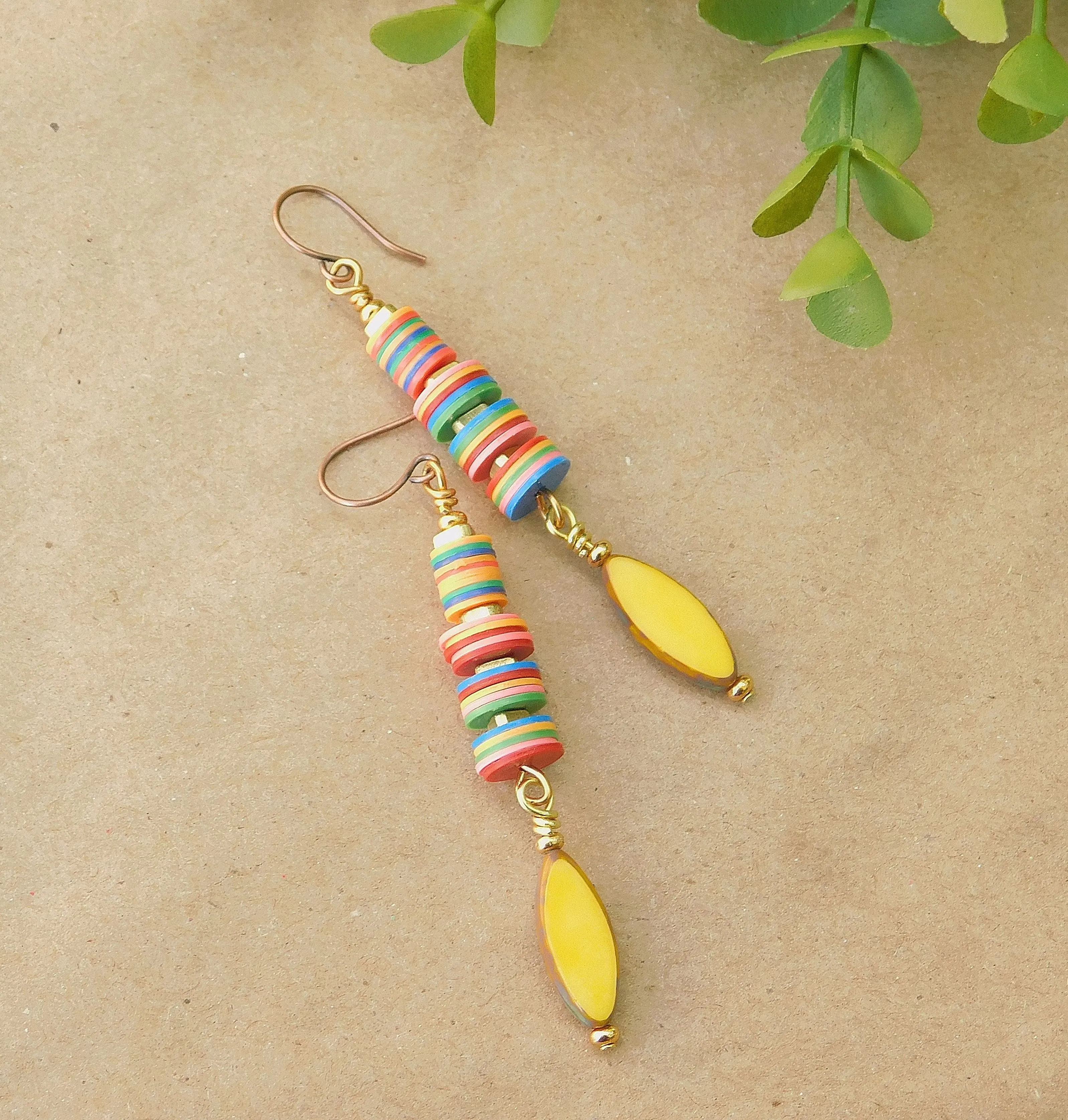 Yellow Czech and Colorful Vinyl Disc Earrings