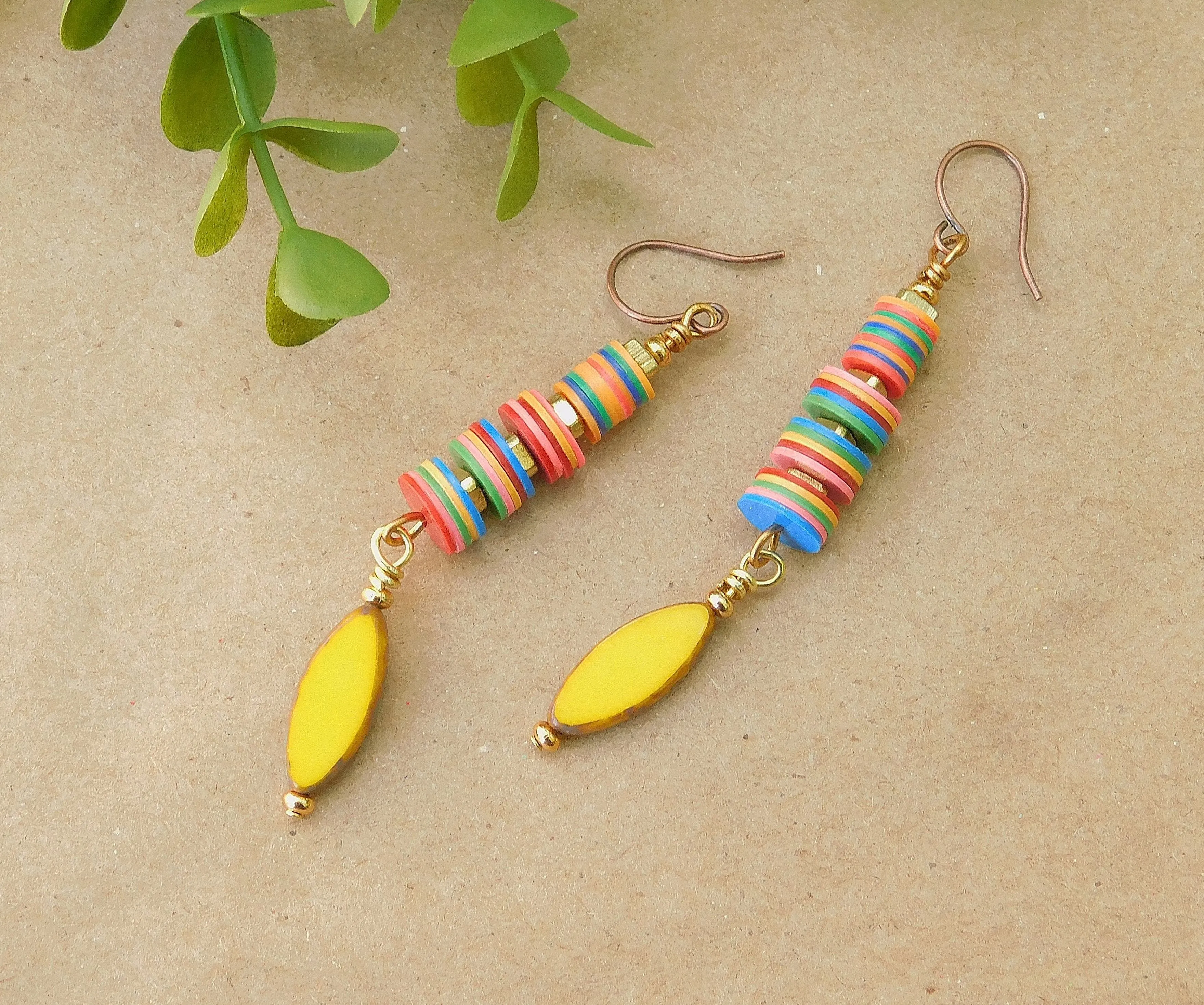 Yellow Czech and Colorful Vinyl Disc Earrings