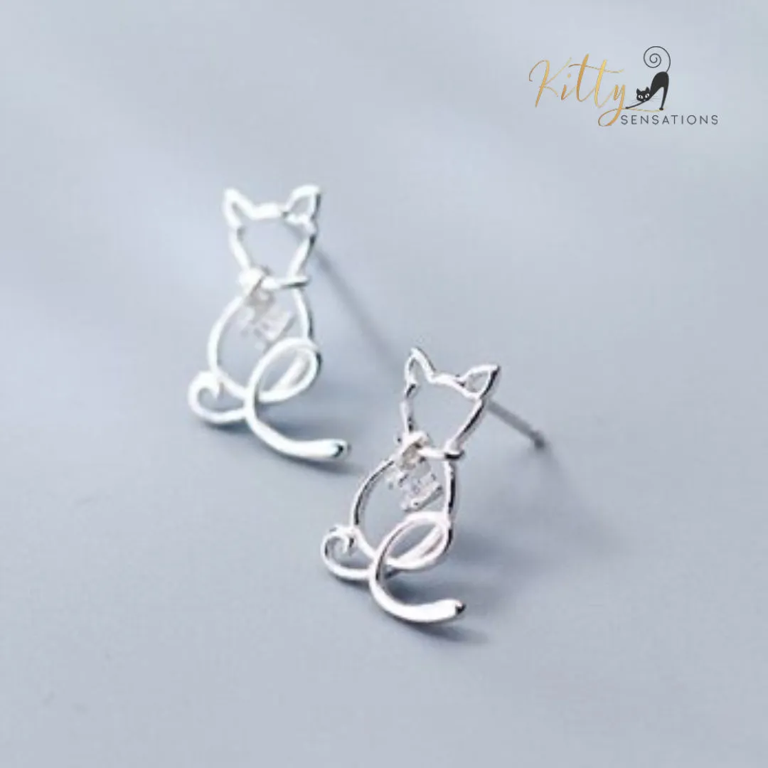 Zircon Heart Cat Stud Earrings in Solid 925 Sterling Silver